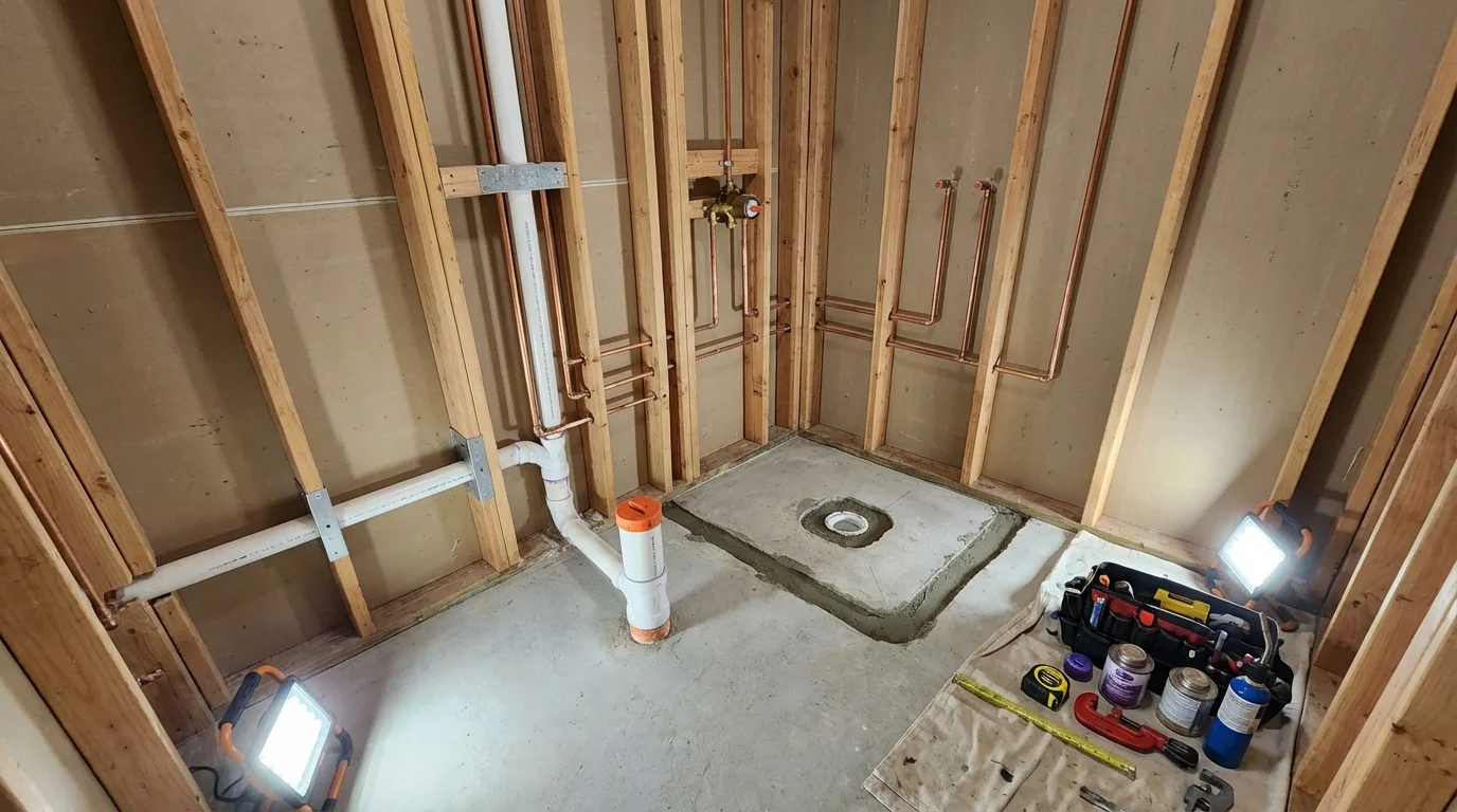 Bathroom rough-in plumbing during remodel by Johns Plumbing LLC in Pflugerville