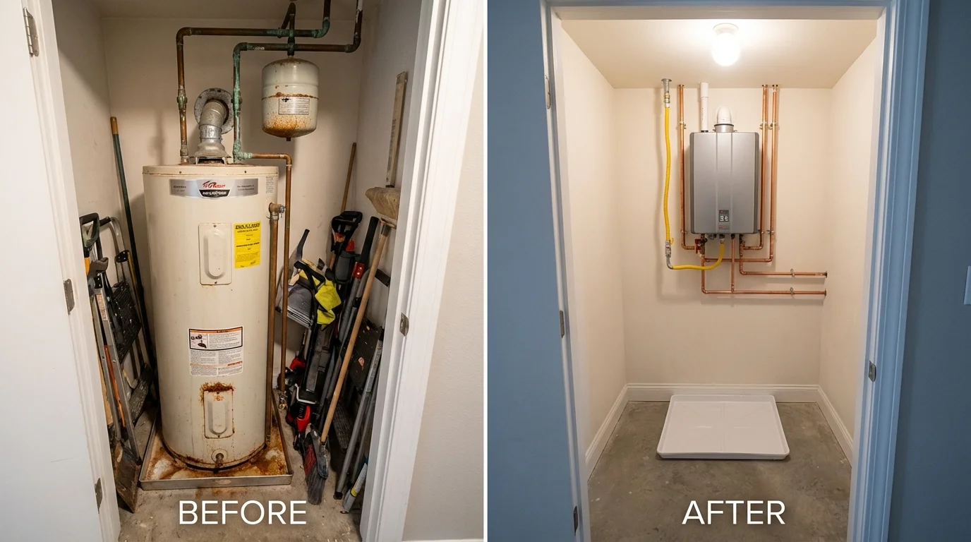 Tank water heater versus wall-mounted tankless unit comparison for Pflugerville, TX homeowners