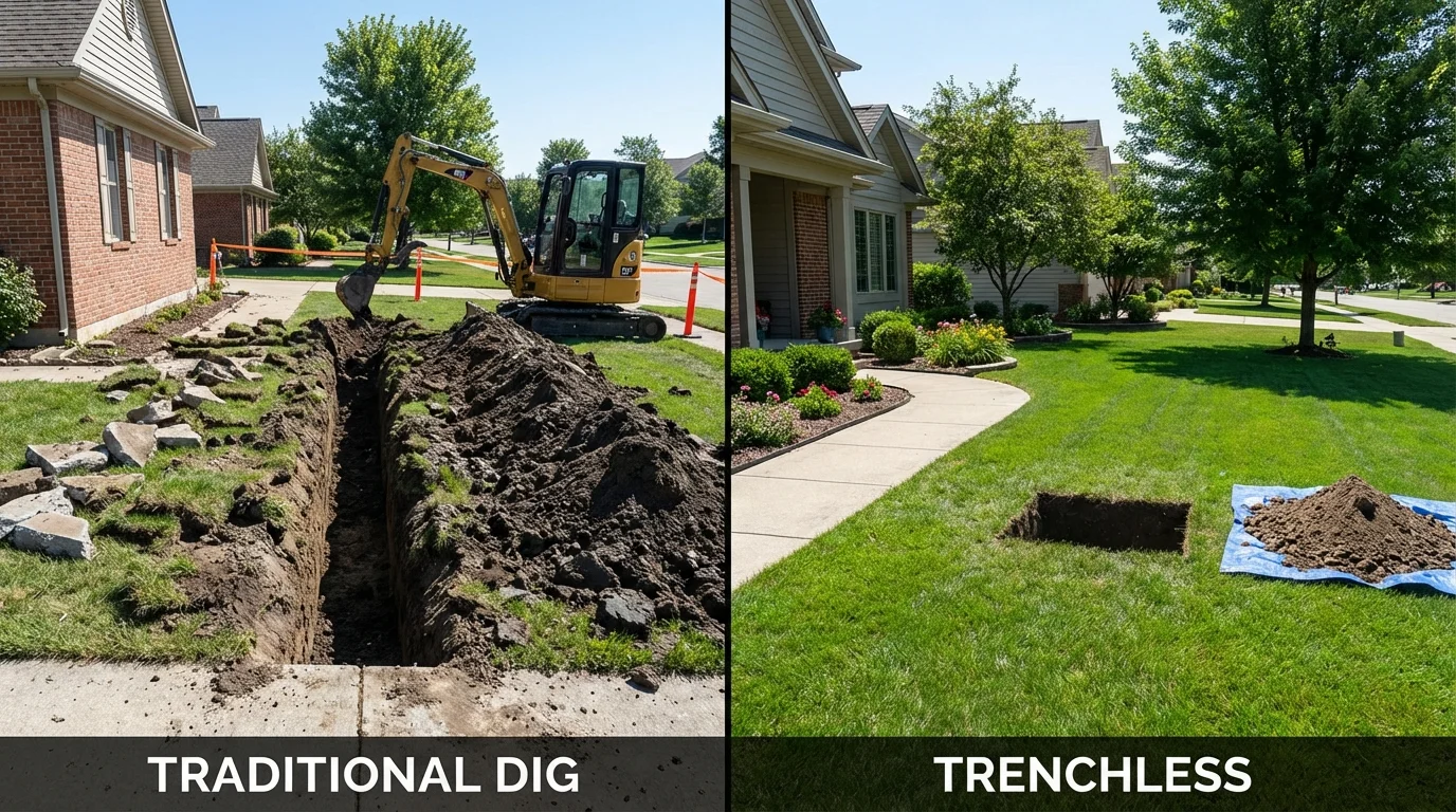 Trenchless sewer repair with minimal yard damage versus traditional excavation in Pflugerville, TX